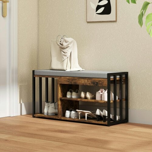 Wyld Haus Soli Wooden Rustic Brown Upholstered Shoe Bench With 3 Shelf and Grey Padded Seat