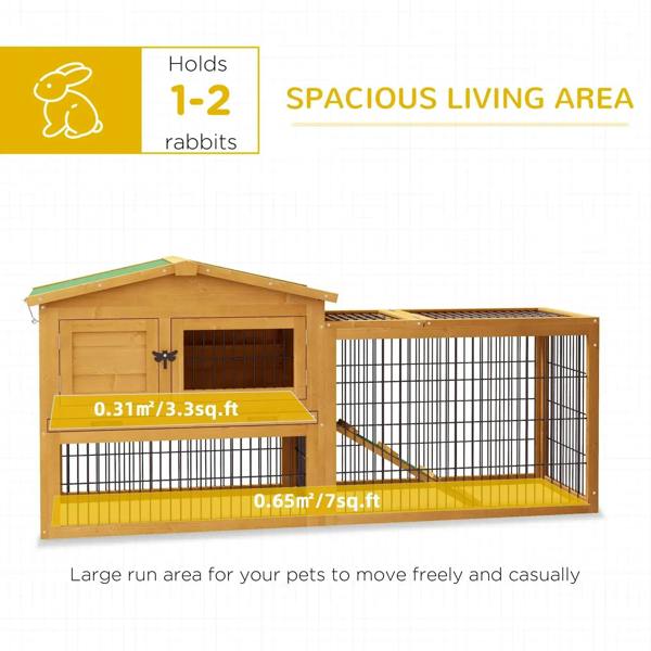 Wooden rabbit hutch with outdoor run, two-door access, wire mesh panels, green flooring