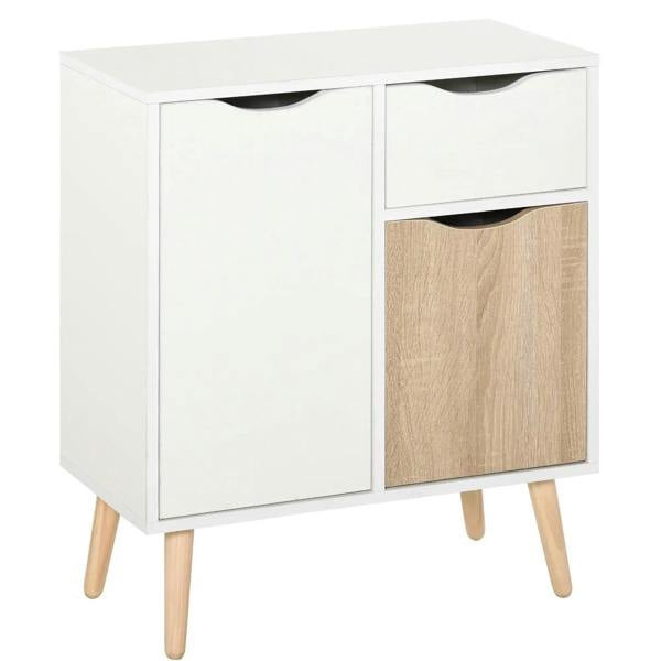 White sideboard floor cabinet with drawer, wood-front panel doors, and tapered wood legs.