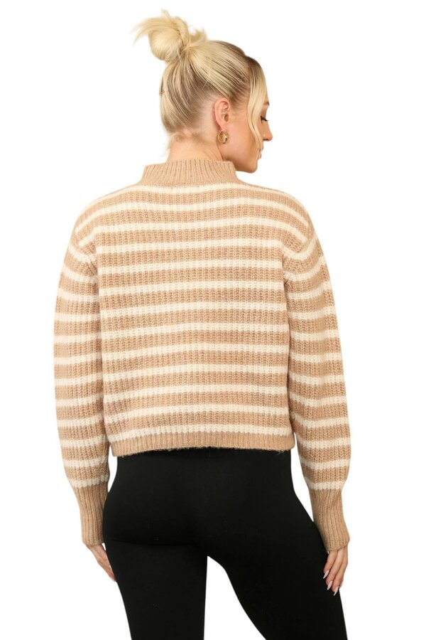 Elaina Fashion Cosy Striped Jumper with Mock Neck – Soft Acrylic Knit