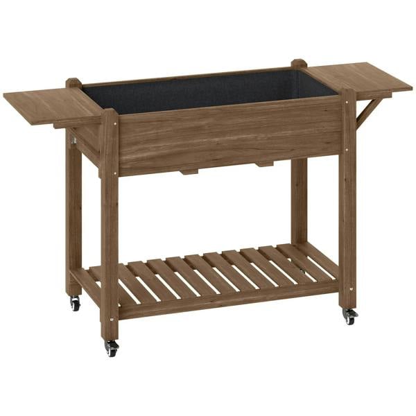Dark wooden raised planter with built-in shelf base and four caster feet, carbonised finish