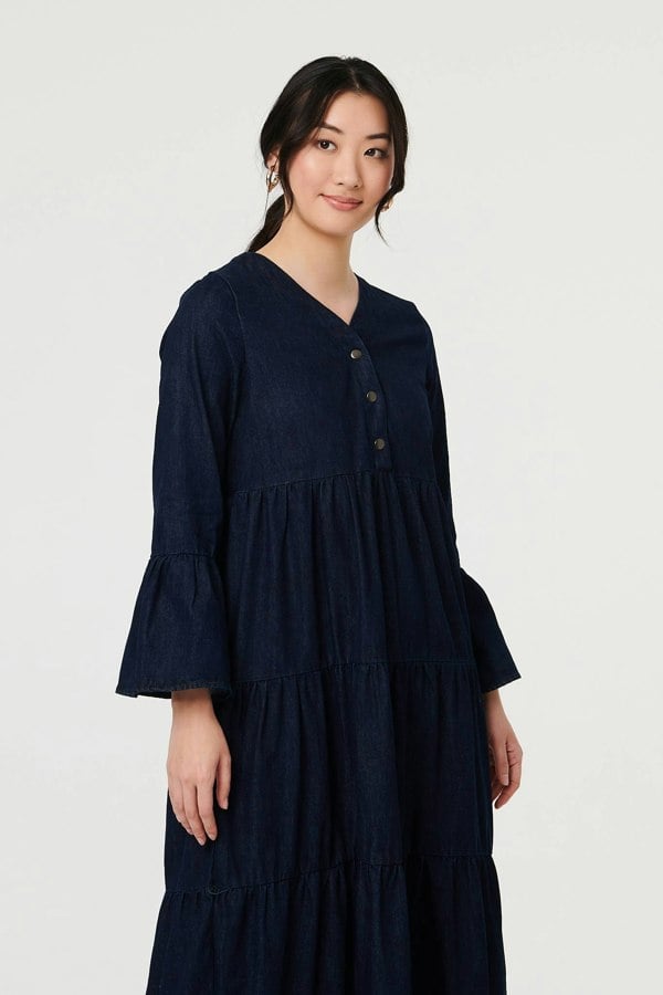 Blue | Tiered Long Sleeve Relaxed Maxi Dress
