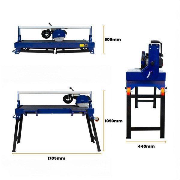 T-Mech Wet Tile Cutter Bench in blue, featuring a 1200mm cutting length, sturdy frame, and adjustable height for precision cutting