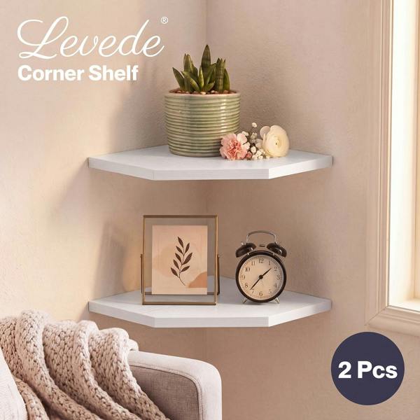 Levede 2 Pack Floating Corner Shelves Cable Cut-Out Wall Mounted Storage White