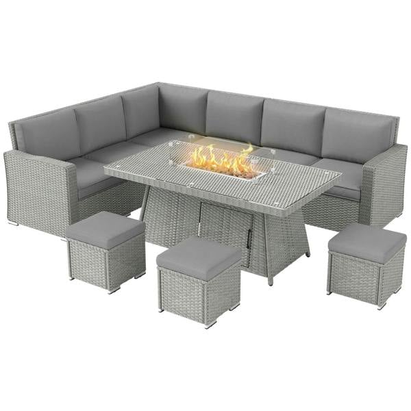 Grey rattan firepit patio sofa set with rectangular table and four cushioned stools