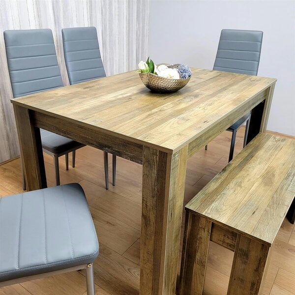 Kosy Koala Wooden Dining Table Set for 6 Rustic Effect Table With 4 Grey Leather Chairs and 1 Bench