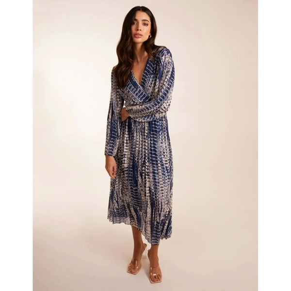 Blue Vanilla Pleated Abstract Snake Print Wrap Dress