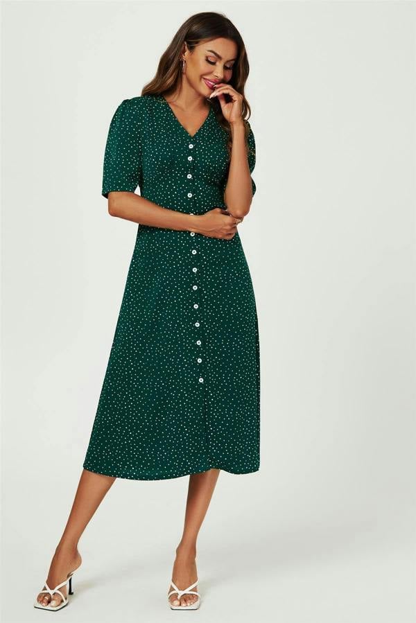 FS Collection Dot Print Button Front Midi Dress In Green