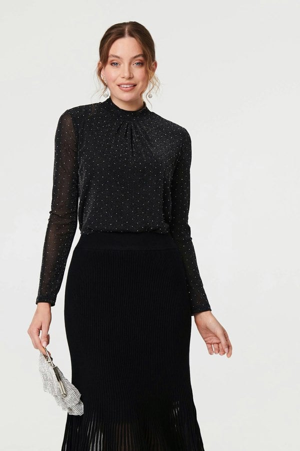 Black | Semi Sheer Pleat High Waist Midi Skirt
