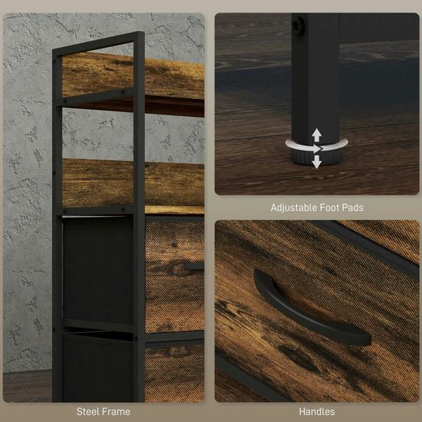 Rustic storage chest details: steel frame, curved drawer handles, adjustable foot pads