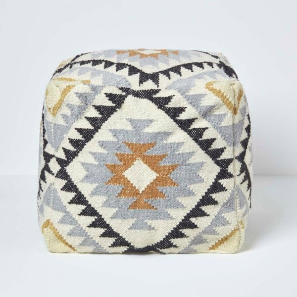 HOMESCAPES Agra Gold and Black Kilim Footstool Handwoven Beanbag Pouffe - 43 x 43 cm