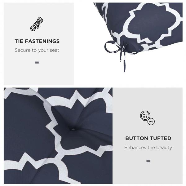 Navy blue seat cushion pillow with white trellis pattern; tie fastenings and tufted buttons