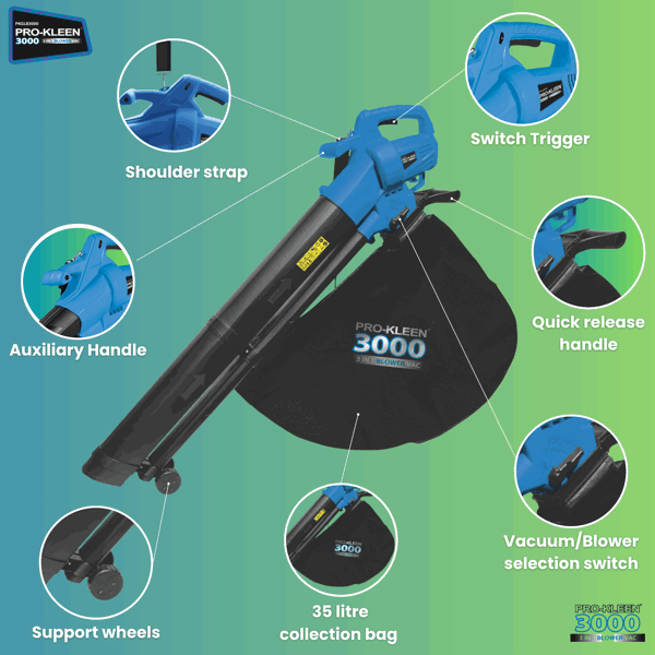 ProKleen Pro-Kleen Garden Leaf Blower And Vacuum - 3000W - Shreds & Mulches 10-1 Ratio, 10m Power Cable, 2 x 35L Bags