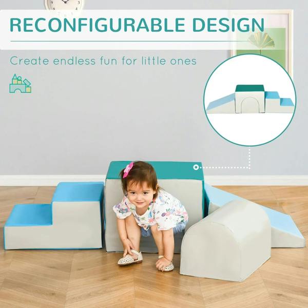 Toddler sitting in a multicolor foam play set with teal and light blue blocks
