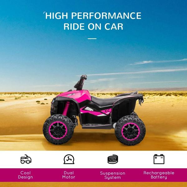 Pink and black 12V ride-on quad bike with LED lights and rear suspension springs