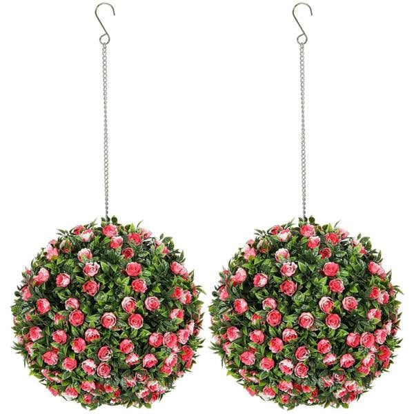 Set of 2 pink artificial rose topiary balls with hanging chain hooks