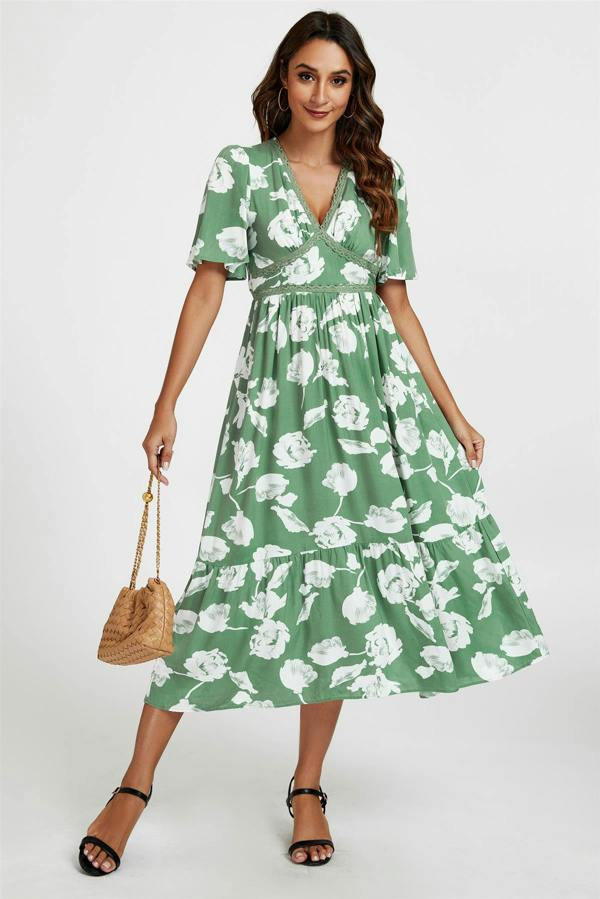 FS Collection White Floral Print Lace Detail Angel Sleeve Midi Dress In Green