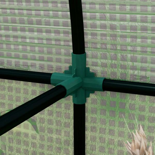 Green mesh greenhouse corner frame with black steel crossbar connector