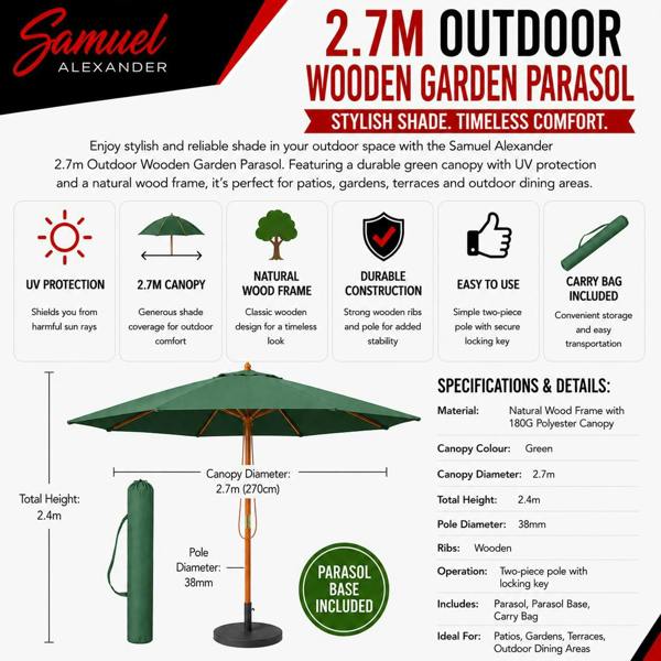 Samuel Alexander 2.7m Outdoor Wooden Garden Parasol Sun Shade with Carry Bag in Green with 9kg Base Included