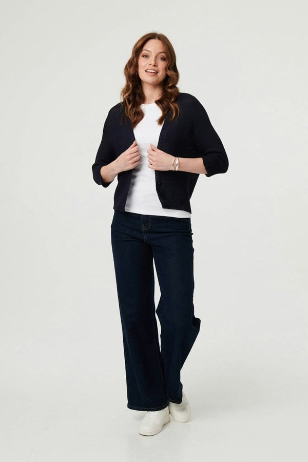 Navy | Mesh Cropped 3/4 Sleeve Open Cardigan