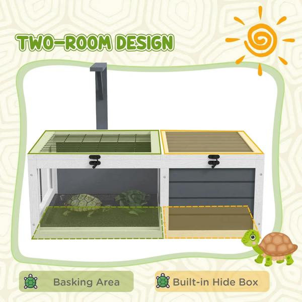 Grey and white wooden two-room tortoise table with open lids and clear acrylic panels
