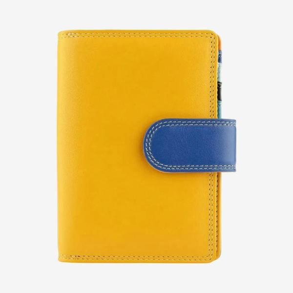 Yellow wallet with a blue strap on a white background