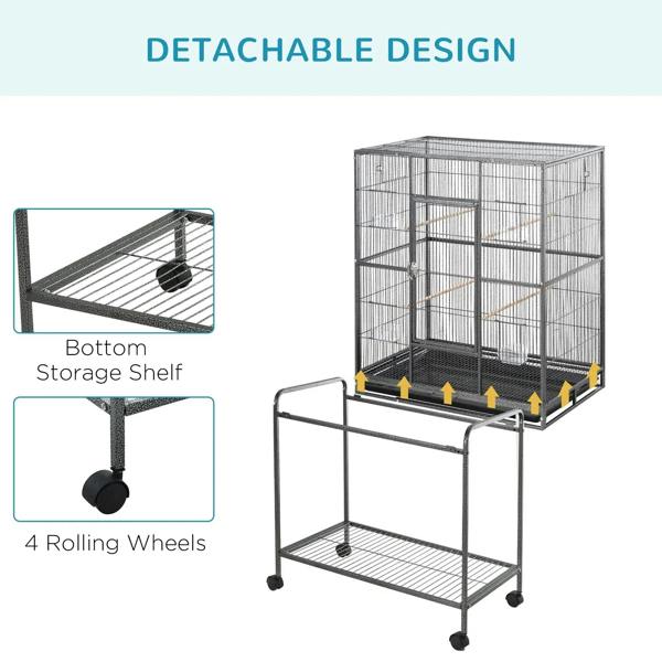 Black bird cage with detachable design; bottom storage shelf and four rolling wheels