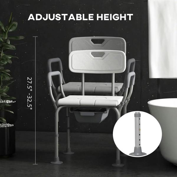 White adjustable shower stool with arms and backrest, padded seat and detachable bucket