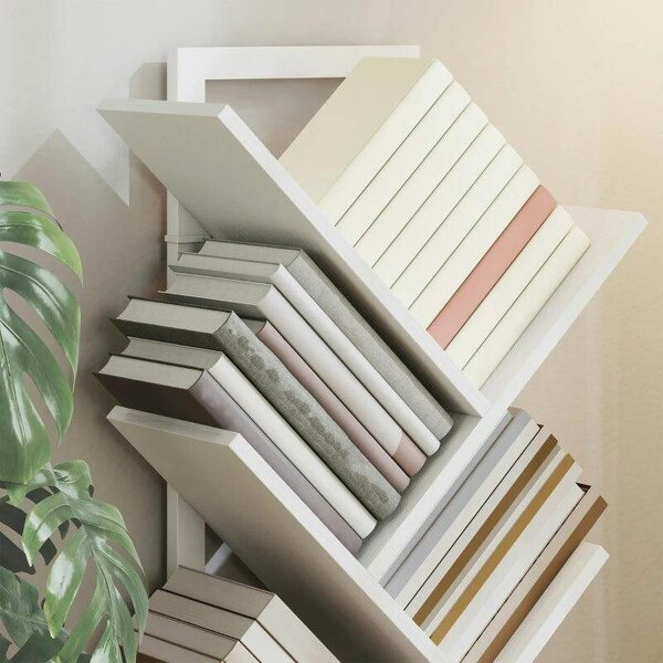 9-Tier Tree Bookshelf, Industrial Free Standing Bookcase with Steel Frame, Display Storage White