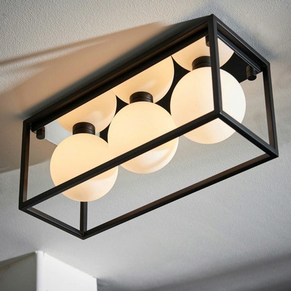 Matt Black Rectangular Framed Flush Bathroom Ceiling Light & Sphere Glass Shades