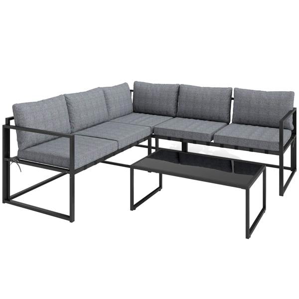 Grey L-shaped garden sofa set with grey cushions and black coffee table