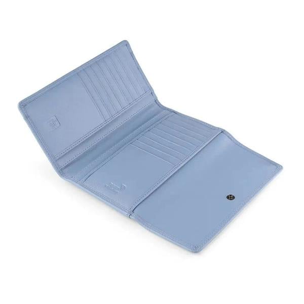 Open view of  blue wallet on a white background