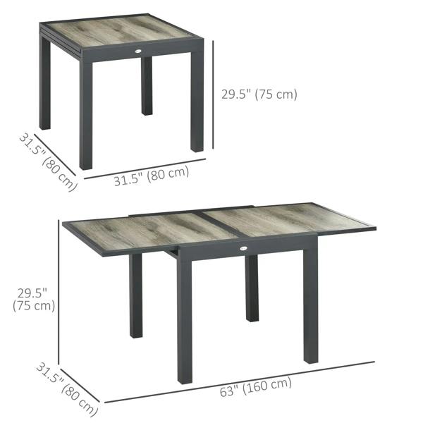 Grey woodgrain outdoor dining table with dark frame, shown with size measurements