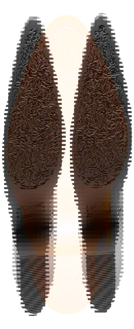 Rocket Dog Feather Womens Classic Cowboy Pull On Western Boots, bottom view of a brown boot showing the textured rubber sole with a leaf pattern.
