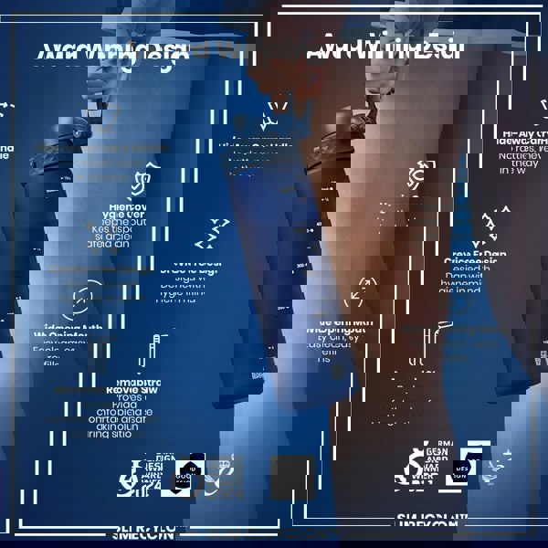 A blue water bottle is being held; it features a hide-away handle, removable straw, and wide mouth. The bottle's design prioritizes hygiene, and it's an award-winning design.