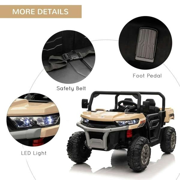 Ride-on car with safety belt, LED headlights, and foot pedal accelerator