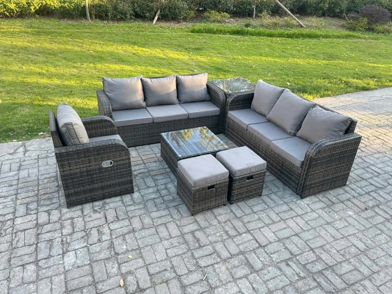 Fimous Outdoor Rattan Garden Furniture Set Conservatory Patio Sofa Coffee Table With Reclining Chair Side Table 2 Small Footstools Dark Grey Mixed