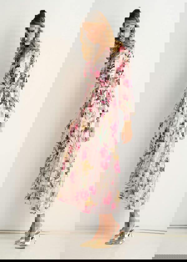 Gini London Pink Floral Print Sparkle Chiffon Wrap Midi Dress