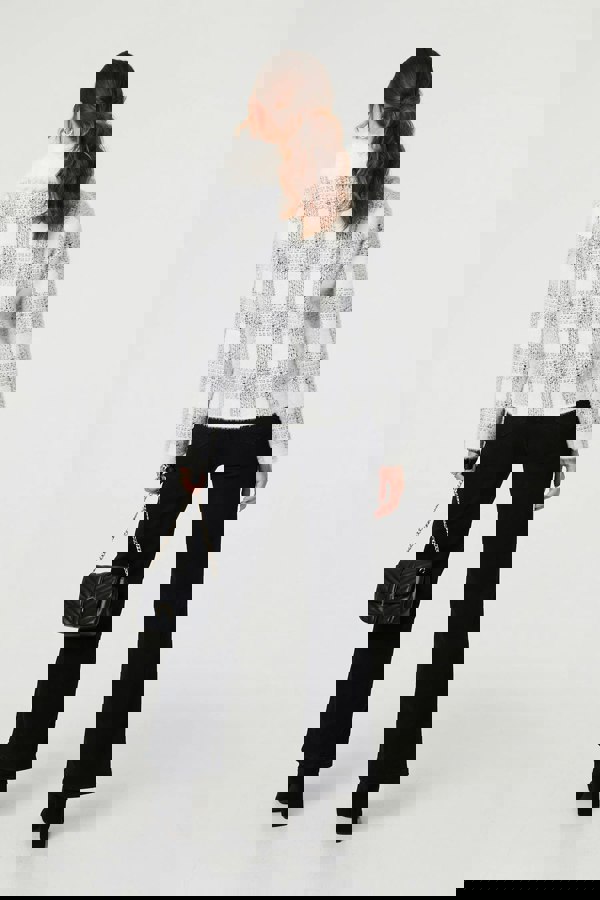 White | Checked Faux Fur Collar Boxy Jacket
