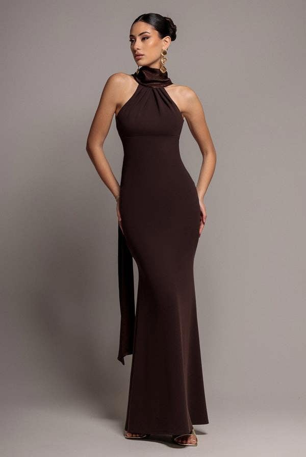 Scuba & Velvet Satin Cape Sleeve Halterneck Maxi Dress - Brown DR4973