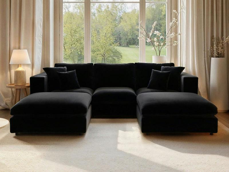 Asher U Shape Corner Sofa Bundle Black Velvet