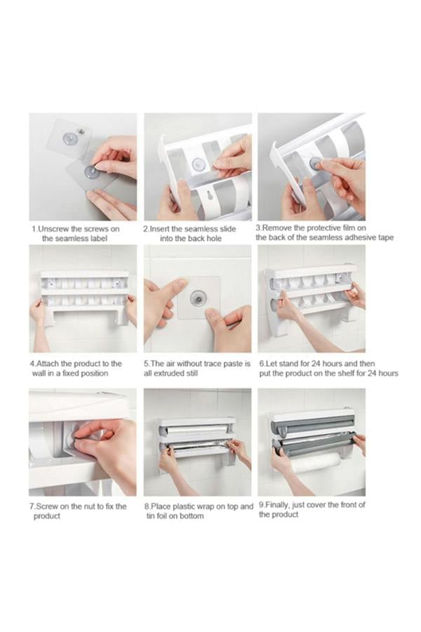 Living and Home 4-in-1 Kitchen Wrap Dispenser Roll Holder with Spice / Towel Rack Cling Film Foil Cutter