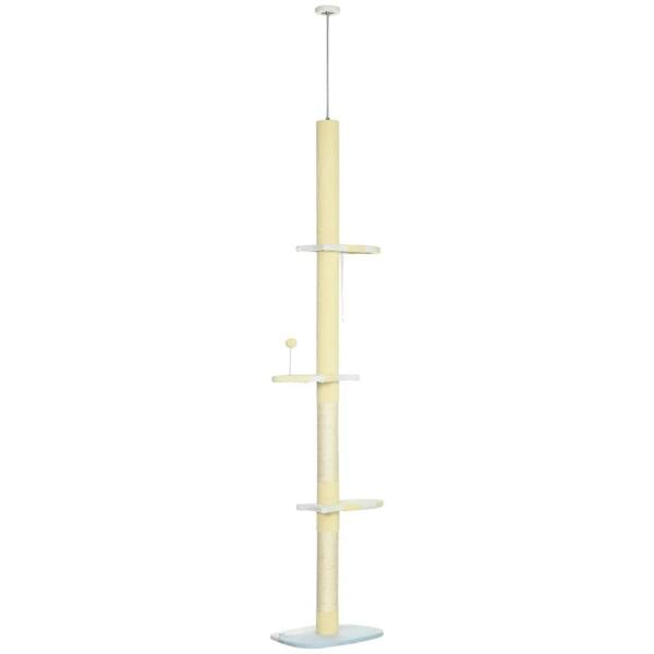 Cream cat tree with vertical posts and three perches, floor-to-ceiling style base.