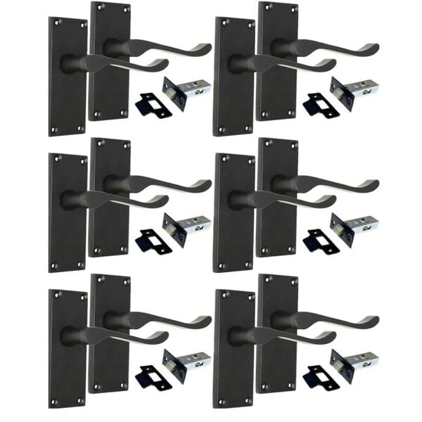 EDH Door Hardware Matt Black Victorian Scroll Door Handles on Backplate – 118mm x 42mm 6 Pairs + Latch