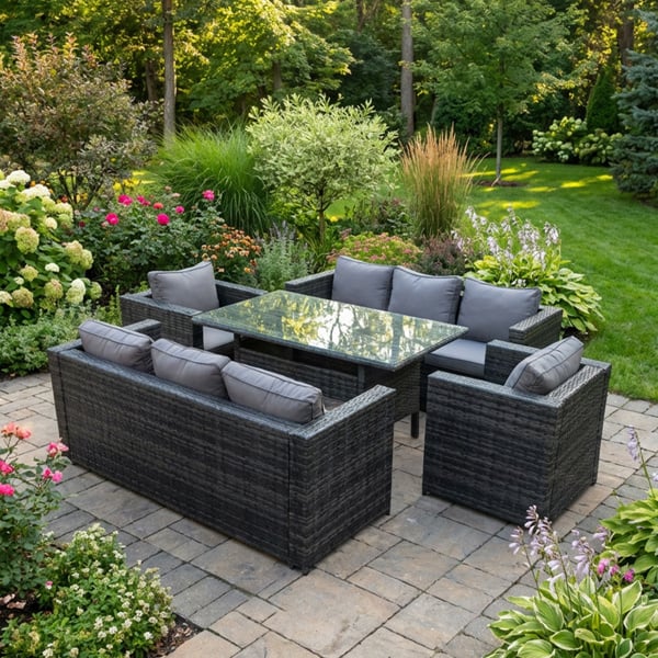 Fimous 8 Seater Rattan Garden Furniture Set with 2 Sofas, 2 Armchairs and Dining Table - Dark Grey
