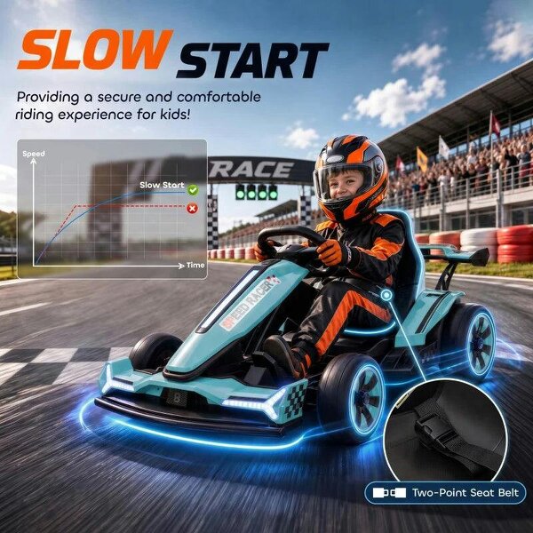 24V Electric Go Kart for Kids 6-12 Years with Drift Mode, Adjustable Seat, 3 Speed, Slow Start, Light Blue