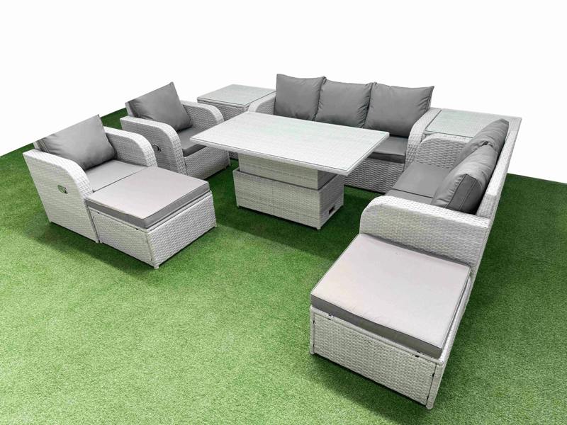 Fimous PE Rattan Outdoor Sofa Set, Adj Height Table, Reclining Sofa, Double Love Seat, 2 Seater Lounge, 2 Big Footstools and 2 Side Tables, Light Grey