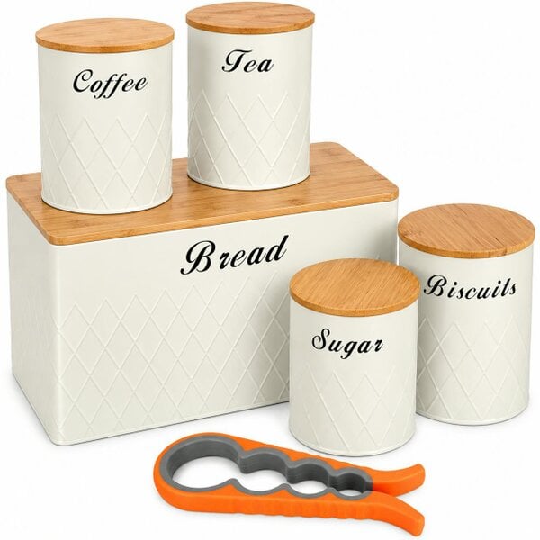 ATEK 5 Piece Kitchen Canister Set Bamboo Lids Tea Coffee Sugar Biscuits Bread Cream
