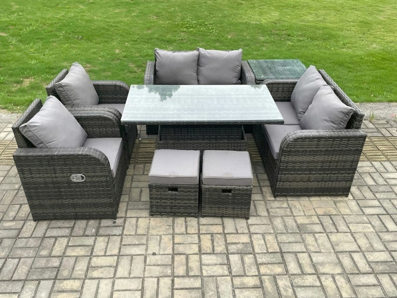 Fimous Outdoor Rattan Garden Furniture Set Patio Height Adjustable Rising lifting Dining Table Love Sofa With Side Table 2 Footstools