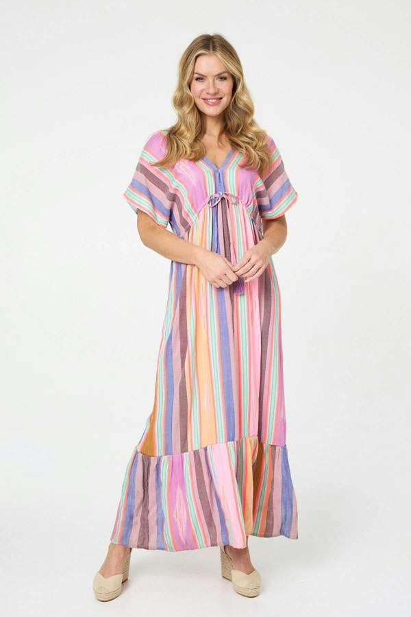 Pink | Striped 1/2 Sleeve Empire Maxi Dress